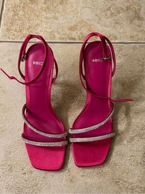 Mango Fuchsia Ankle-Strap Heels with Crystal Straps